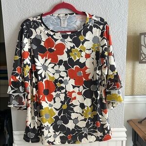 Multiples Floral Blouse - Navy,dark pumpkin,gray,cream & chartreuse Sz S